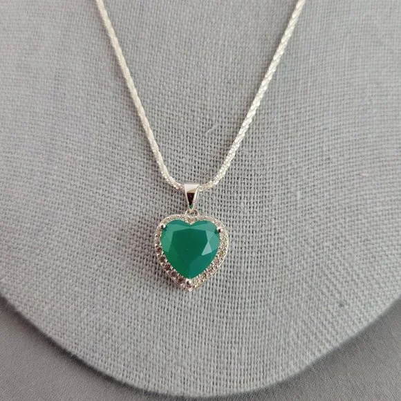 Green Onyx Rhodium Over Silver Heart Necklace, Ring (Sz 7.5), & Earrings - Picture 2 of 16